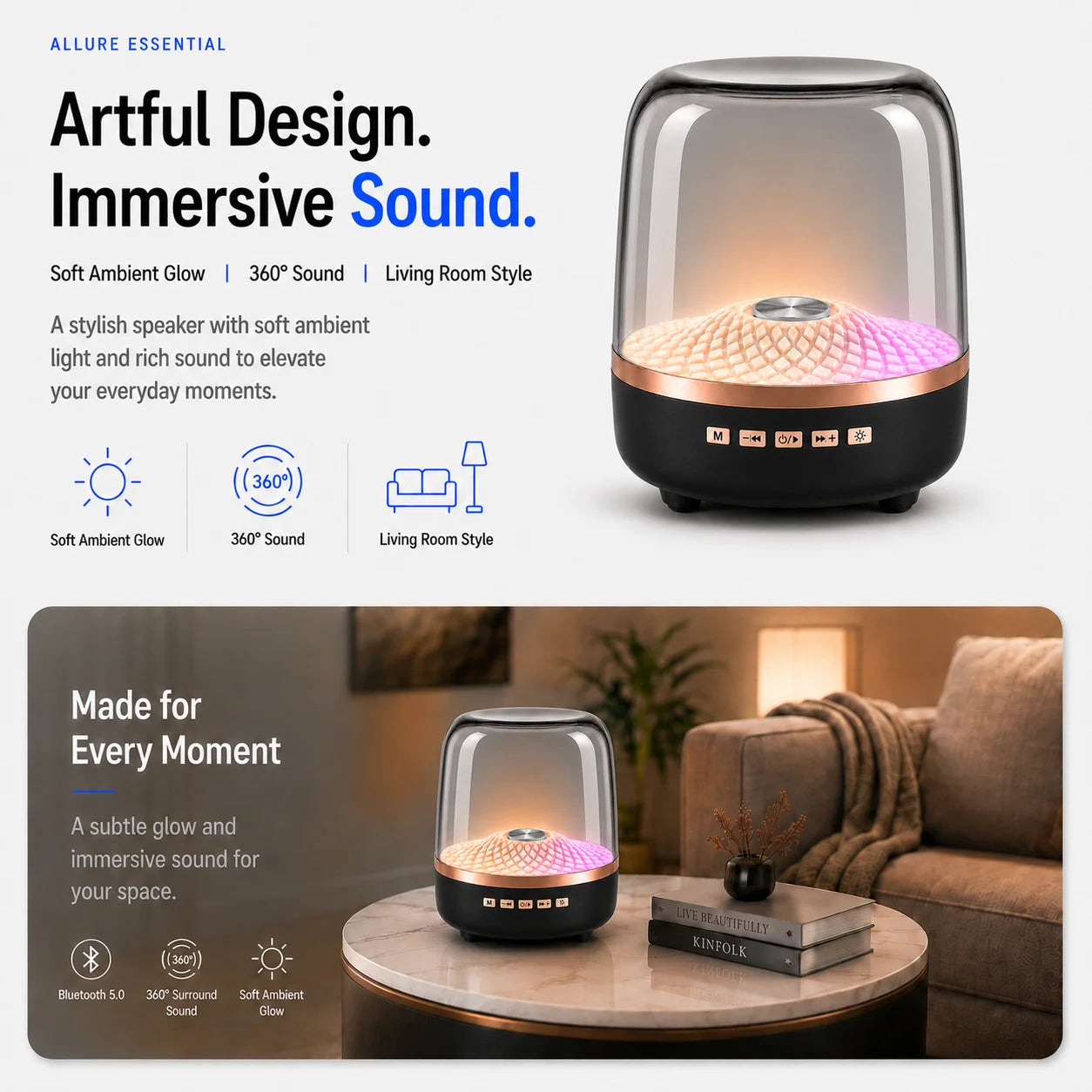 Wireless Desktop Soundbar Bluetooth 5.0 Speaker with RGB Breathing Lamp