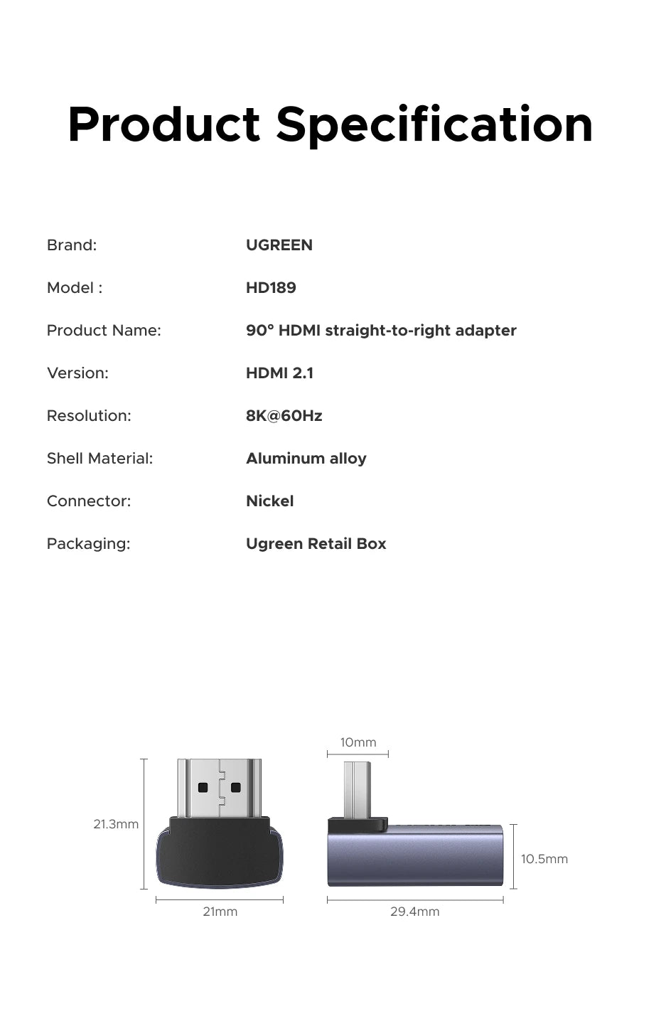 UGREEN Right Angle HDMI 2.1 Adapter Male to Female 8K@60Hz Connector